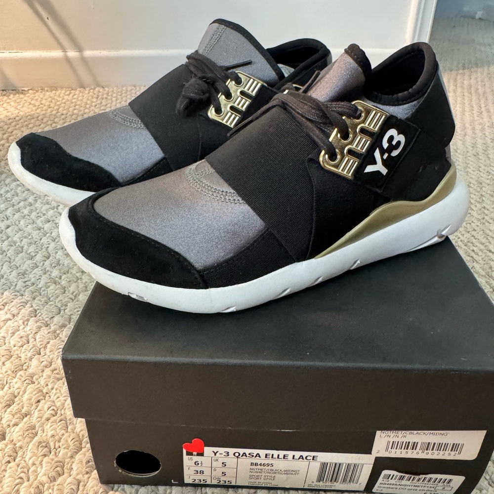 Y-3 adidas Qasa Elle Lace Sneakers in Black, Gold, and White US 6.5 EU 38